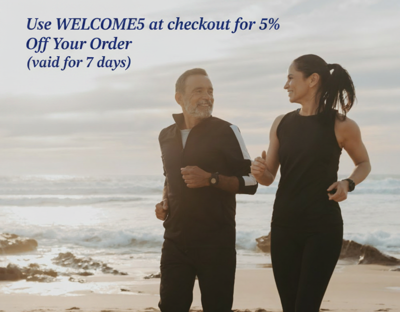 Couple running on a beach with a discount code overlay.
