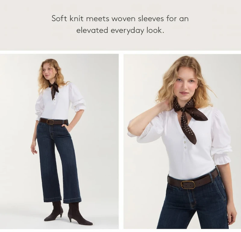 Soft knit meets woven sleeves for an elevated everyday look.