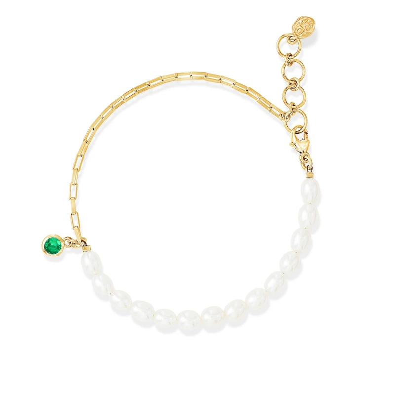 Image of Luna White Pearl, Chain and Green Garnet Drop Bracelet