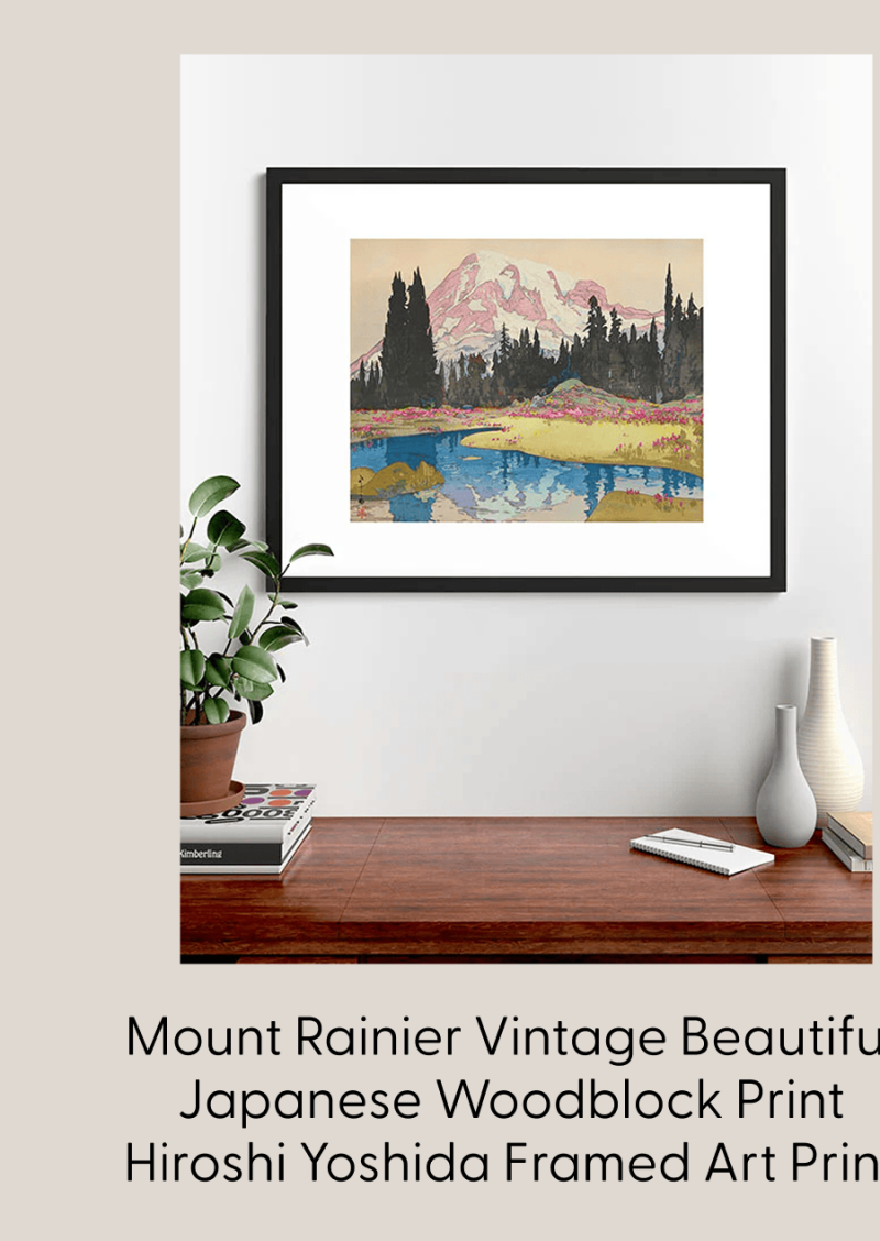 Mount Rainier Vintage Beautiful Japanese Woodblock Print Hiroshi Yoshida Framed Art Print