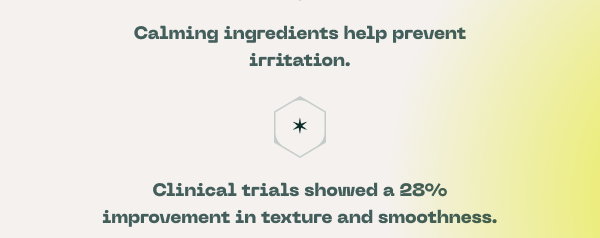 calming ingredients help prevent irritation. Clinical trials showed 28% improvement in texture and smoothness. 
