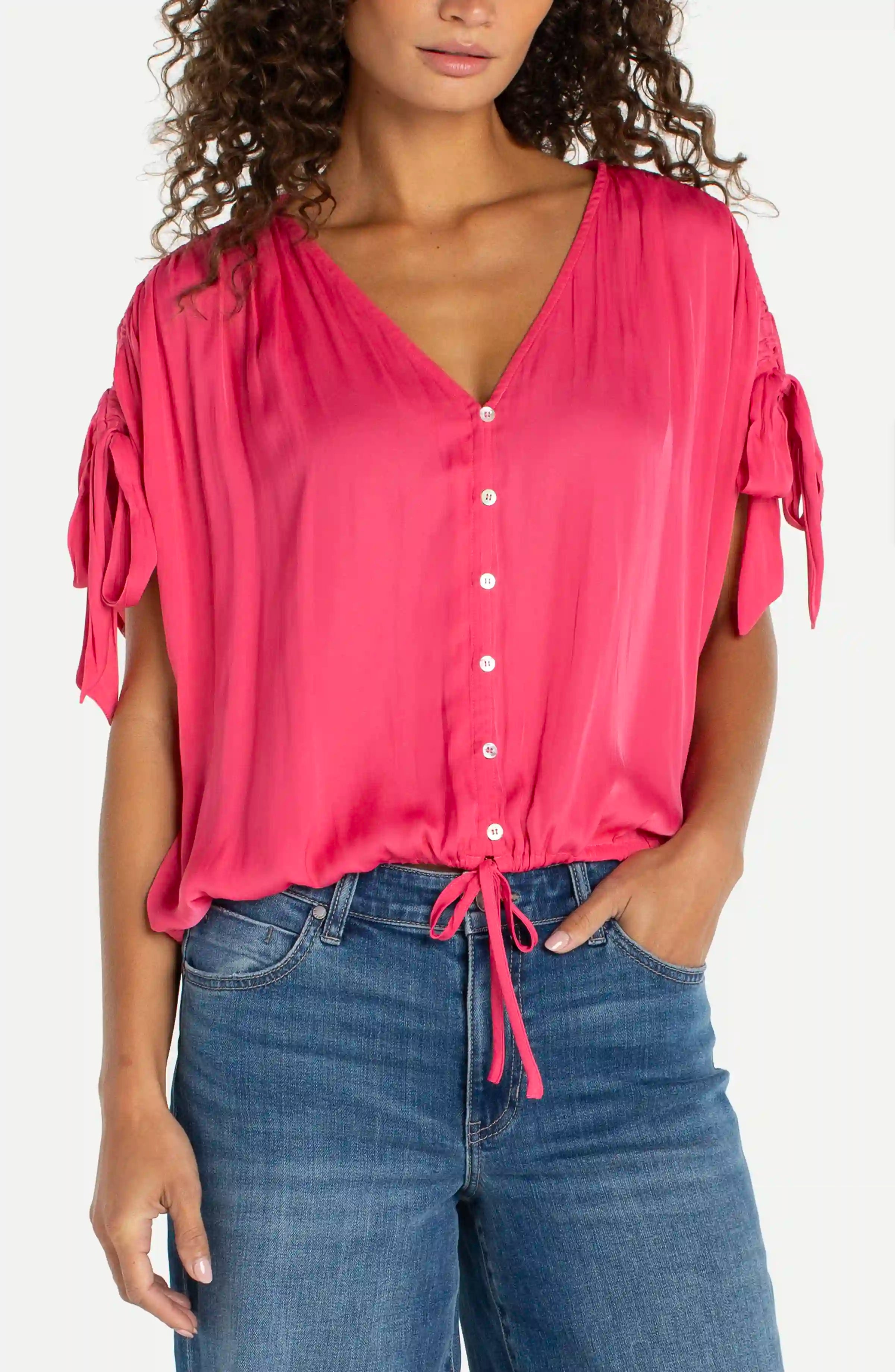Image of DOLMAN V-NECK WOVEN TOP W/ TIES