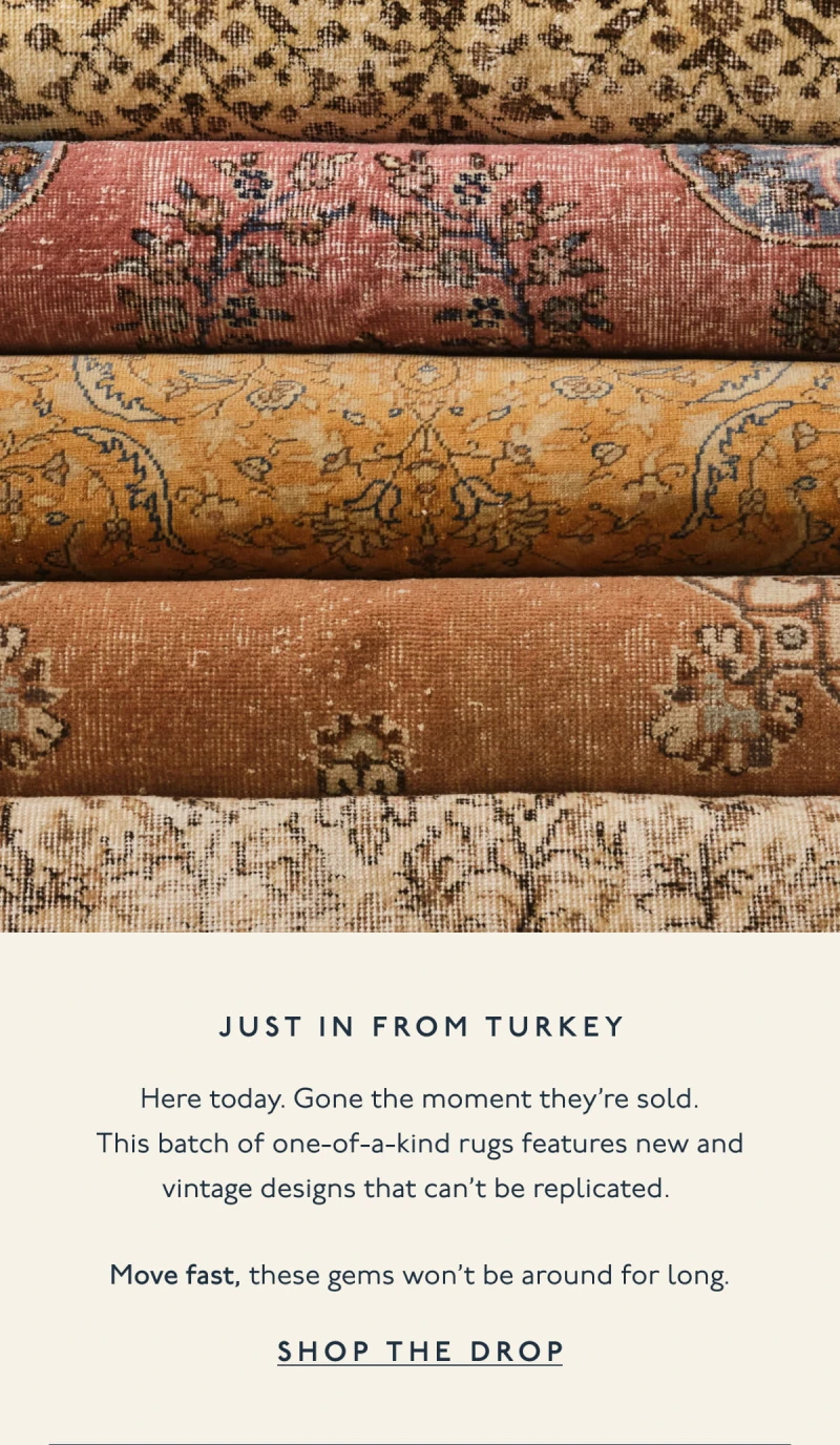 Revival | JUST IN FROM TURKEY | Here today. Gone the moment they’re sold. This batch of one-of-a-kind rugs features new and vintage designs that can’t be replicated. | Move fast, these gems won’t be around for long. | SHOP THE DROP