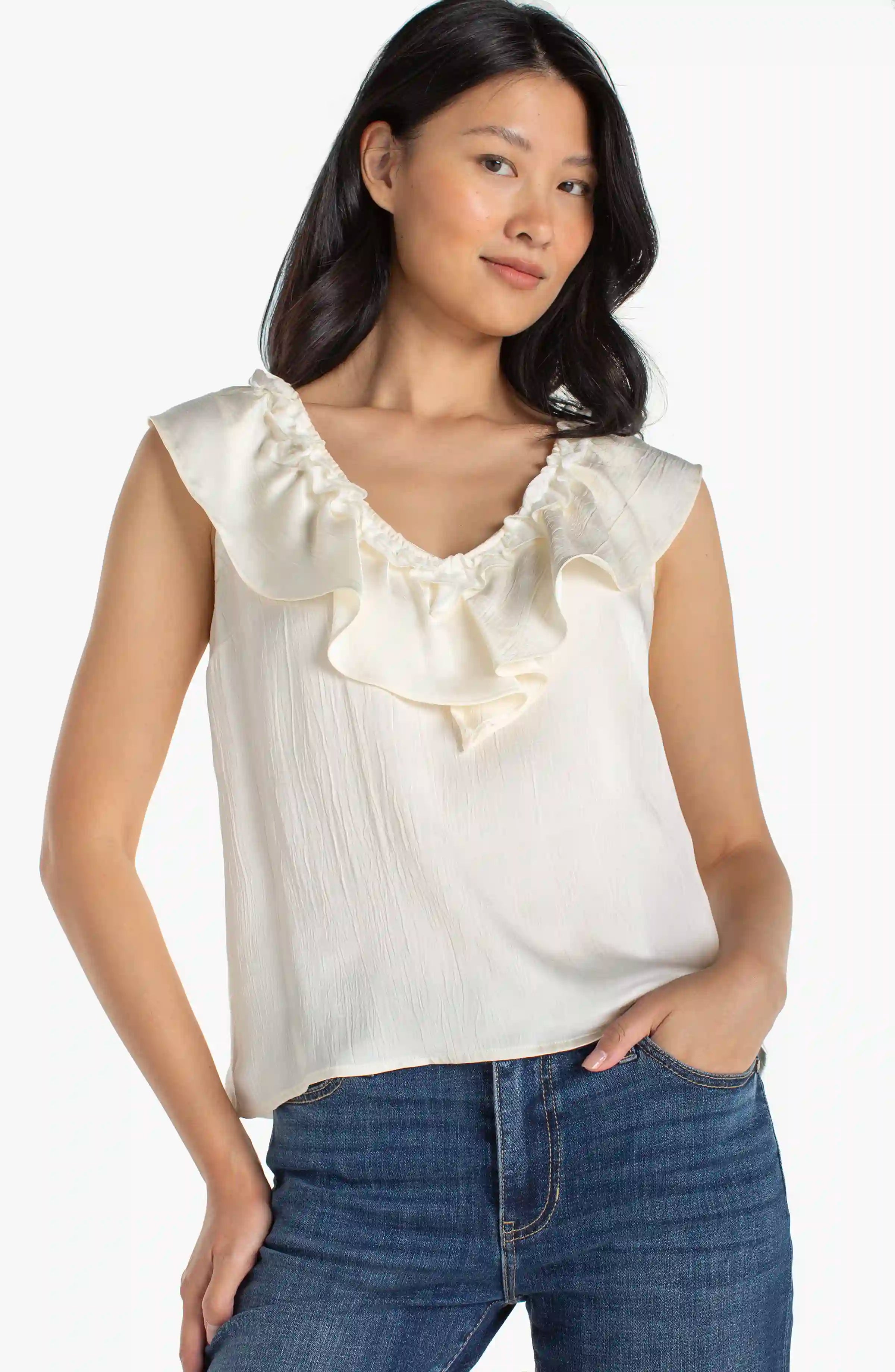 Image of RUFFLE FRONT SLEEVELESS WOVEN-TO-KNIT TOP
