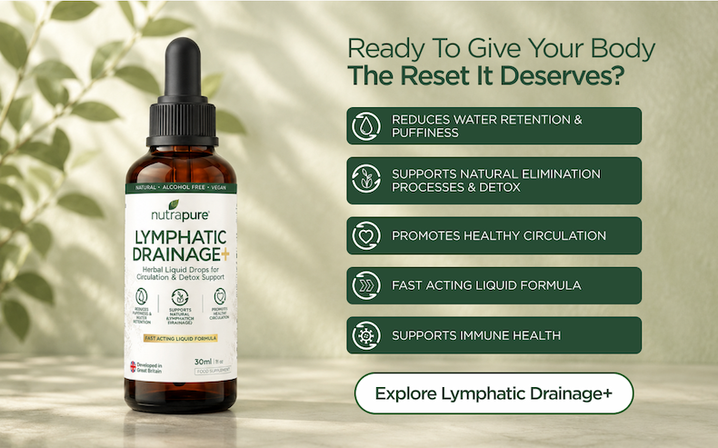 Nutrapure Lymphatic Drainage+ herbal liquid drops highlighting key wellness benefits and a call to explore the product.