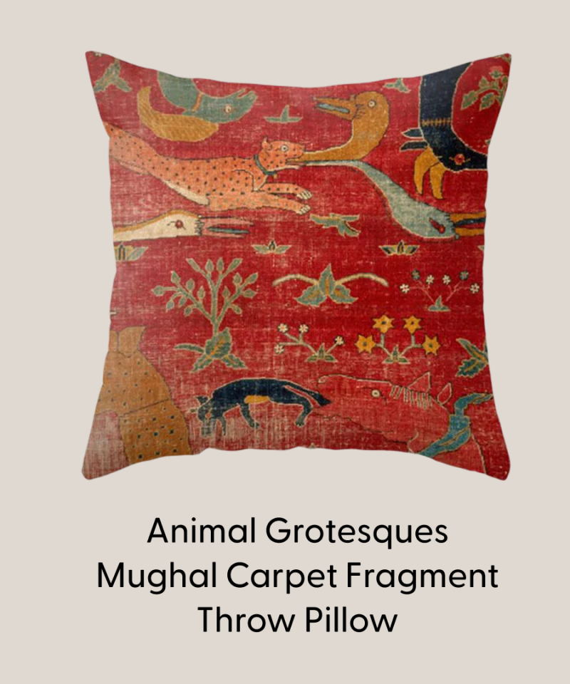 Animal Grotesques Mughal Carpet Fragment Throw Pillow