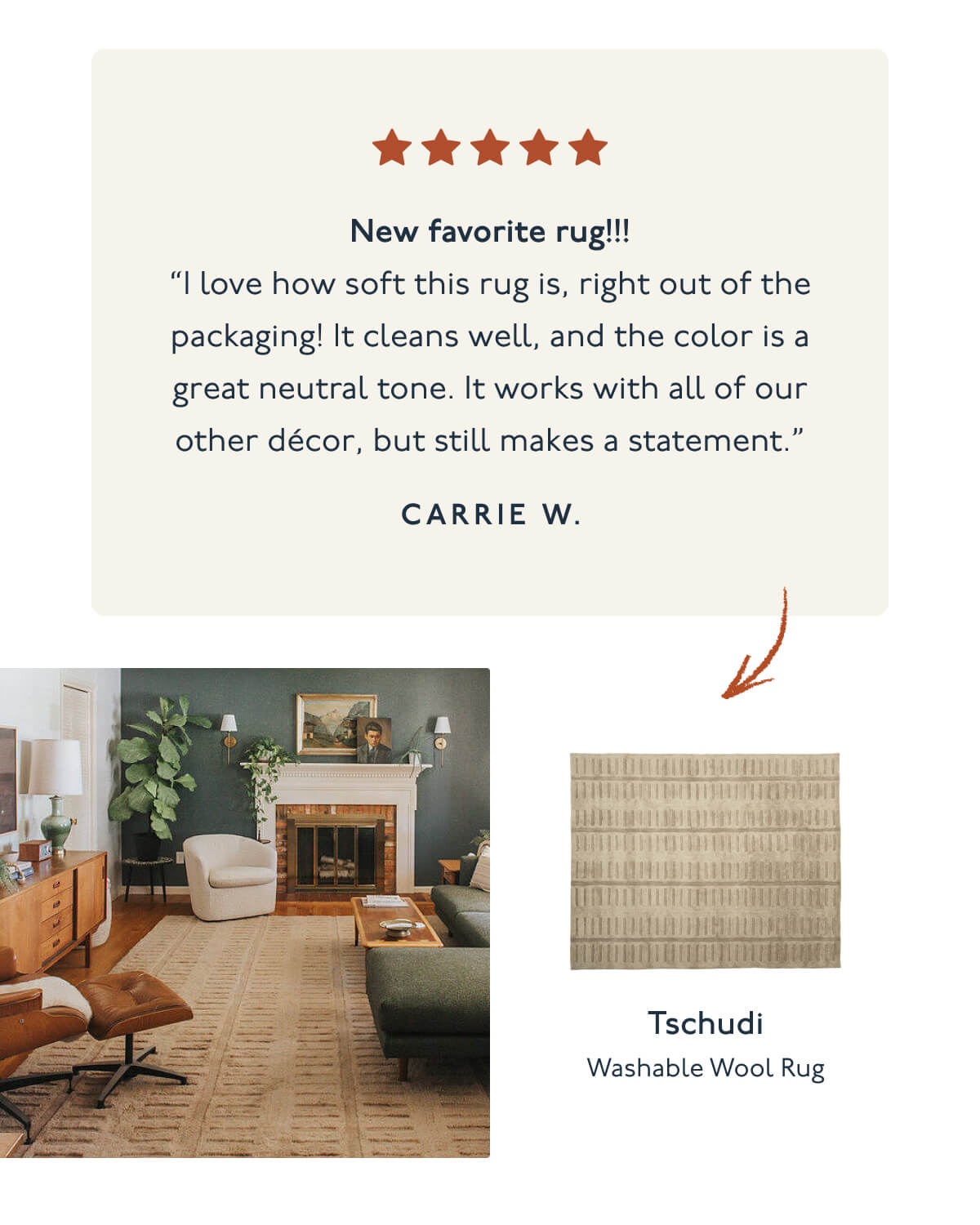 New favorite rug!!! | “I love how soft this rug is, right out of the packaging! It cleans well, and the color is a great neutral tone. It works with all of our other décor, but still makes a statement.” - Carrie W. | Tschudi | Washable Wool Rug