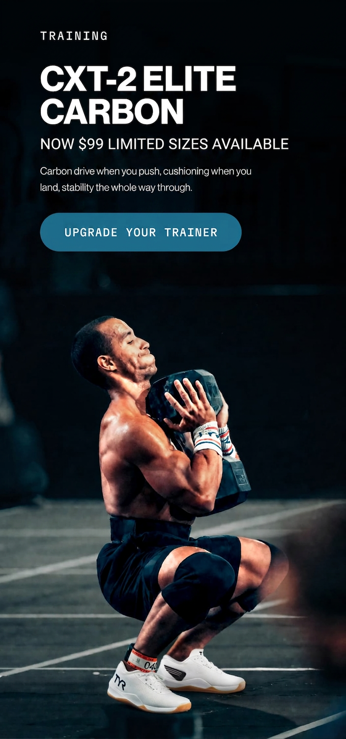 Man in athletic wear performing a squat with a heavy weight, promoting training shoes.