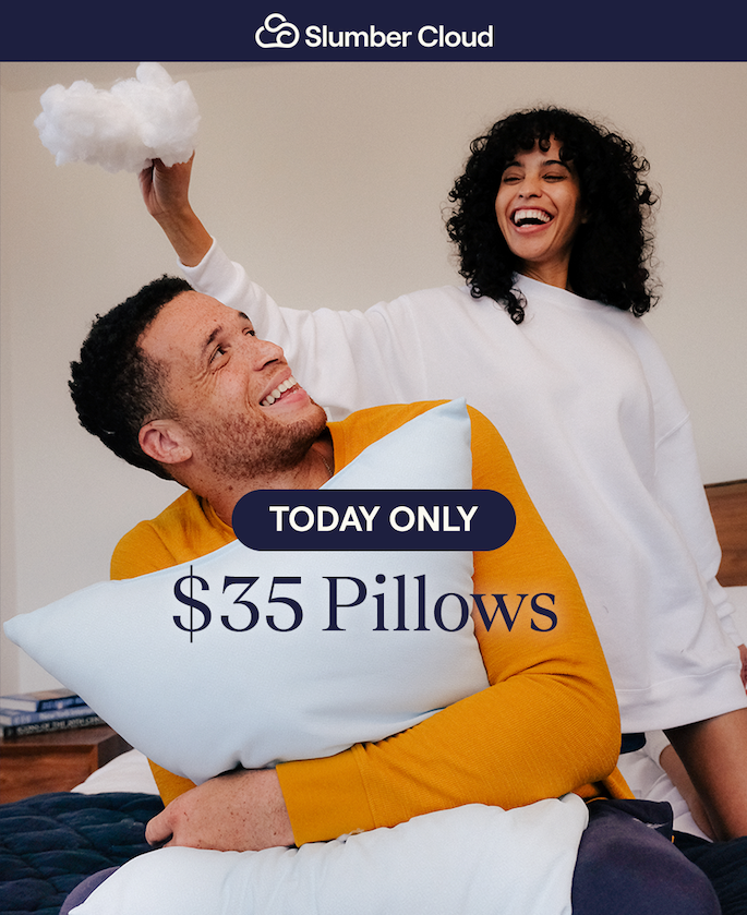 A woman holding a cloud of stuffing over a man's head while he hugs the UltraCool Pillow