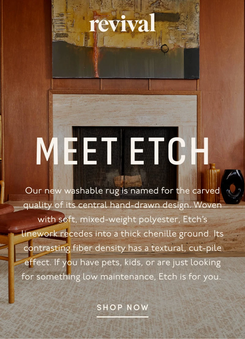 Revival | MEET ETCH | Our new washable rug is named for the carved quality of its central hand-drawn design. Woven with soft, mixed-weight polyester, Etch’s linework recedes into a thick chenille ground. Its contrasting fiber density has a textural, cut-pile effect. If you have pets, kids, or are just looking for something low maintenance, Etch is for you. | SHOP NOW