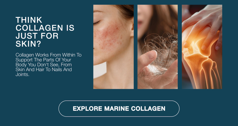 Woman smiling while holding Vitamin Planet Pure Marine Collagen
