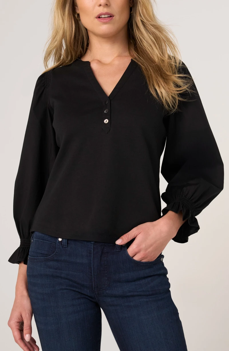 Image of 3/4 SLEEVE KNIT-TO-WOVEN TOP W/ SMOCKING