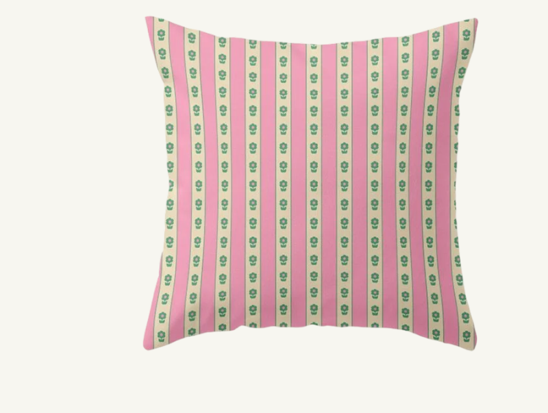 Cottage Stripes and Flowers Pattern in Pink and Green Throw Pillow