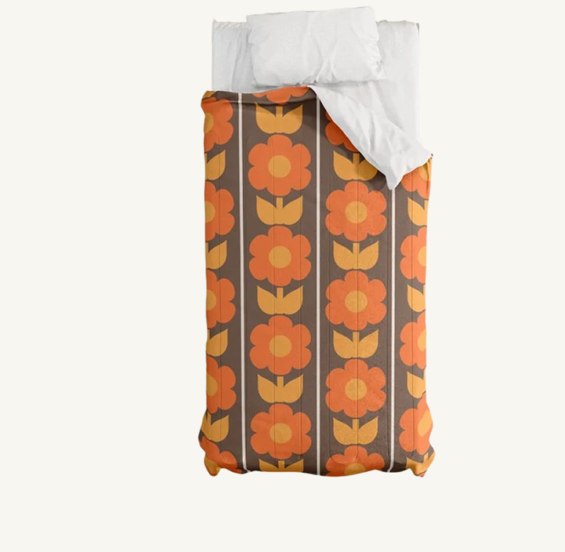 Jonnty Flowers Retro Floral Stripe Pattern in 70s Brown and Orange Comforter
