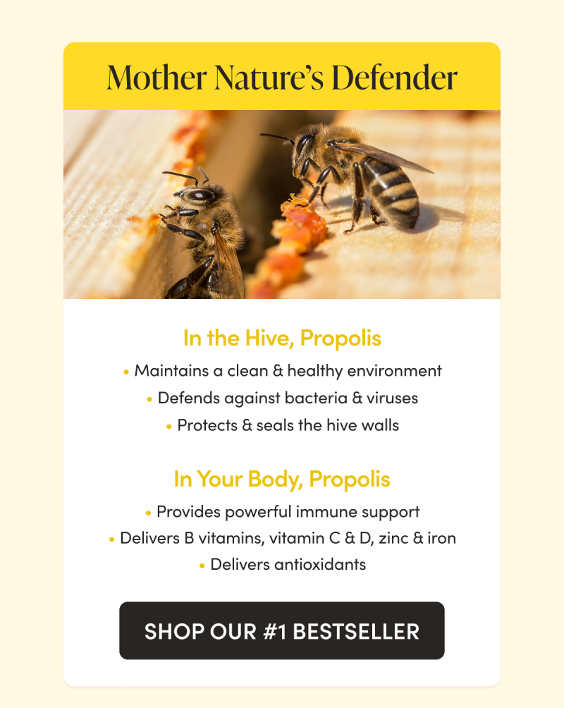 Mother Nature’s Defender    In the Hive, Propolis Protects & seals the hive walls  Defends against bacteria & viruses  Maintains a clean & healthy environment   In Your Body, Propolis Provides powerful immune support Delivers antioxidants  Delivers B vitamins, vitamin C & D, zinc & iron    CTA Shop Our #1 Bestseller