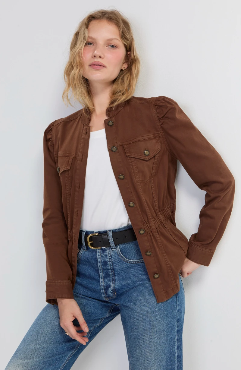 Image of PUFF SLEEVE TRUCKER JACKET W/ RUFFLE COLLAR