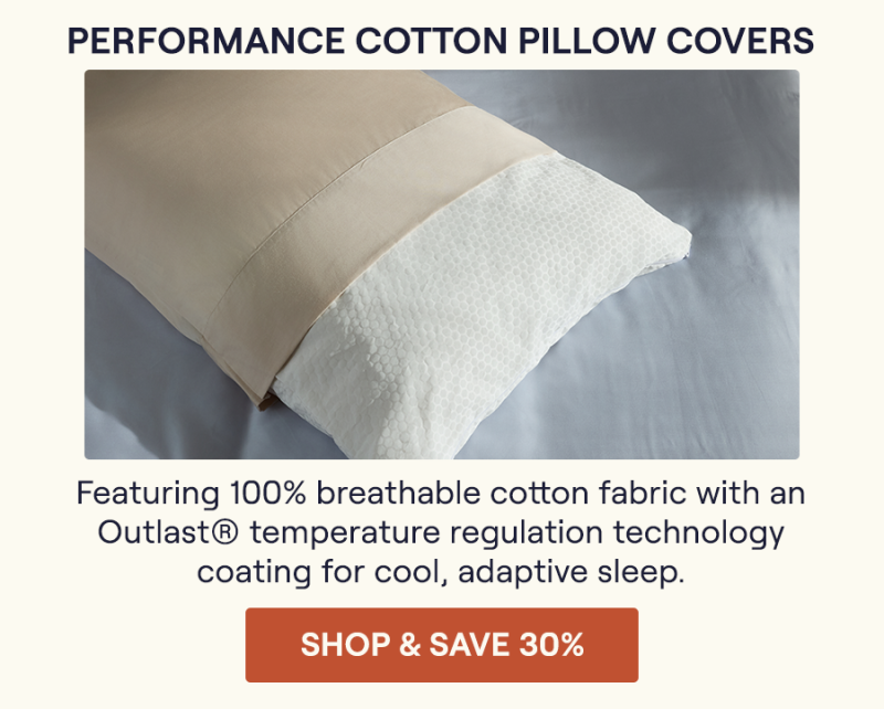 A close up of a pillowcase half on a pillow with the Performance Cotton Pillow Cover on it. Highlighting the detail of the Outlast technology.