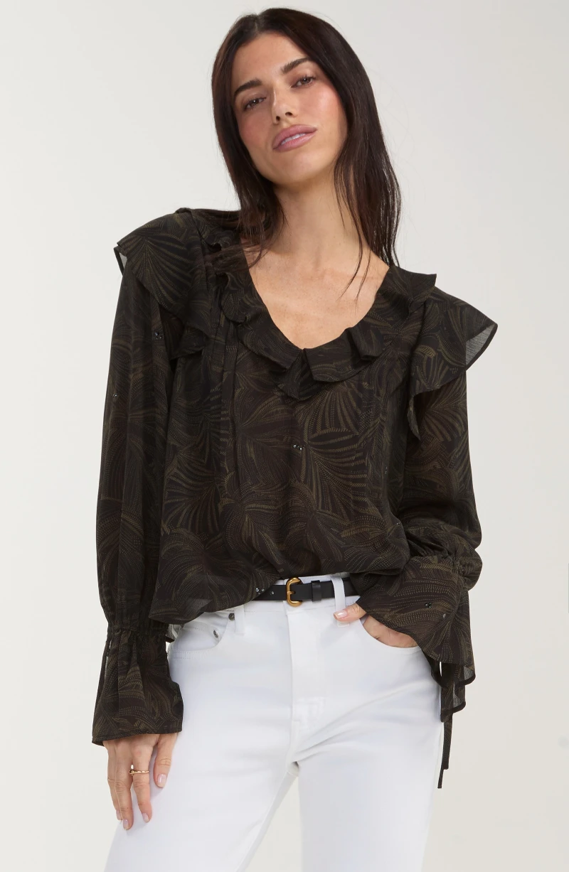 Image of DOUBLE RUFFLE V-NECK WOVEN BLOUSE