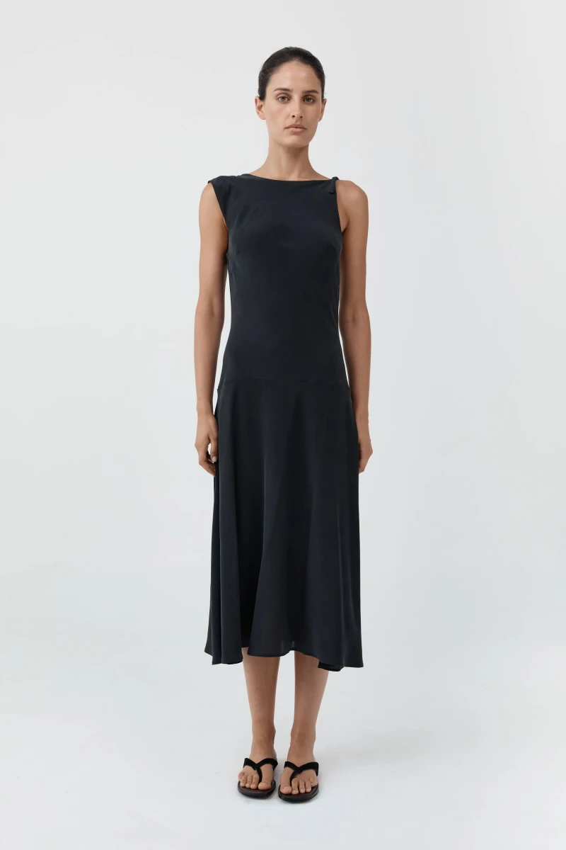 Image of Silk Drape Back Midi Dress - Black