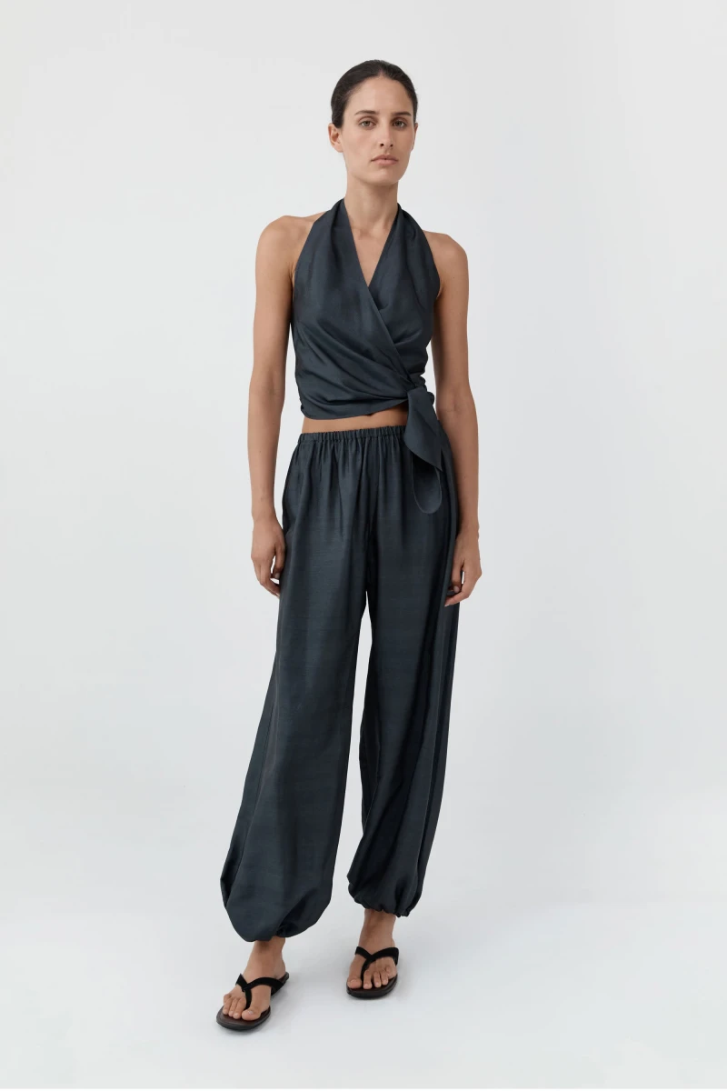 Image of Silk Halter Wrap Top - Washed Black