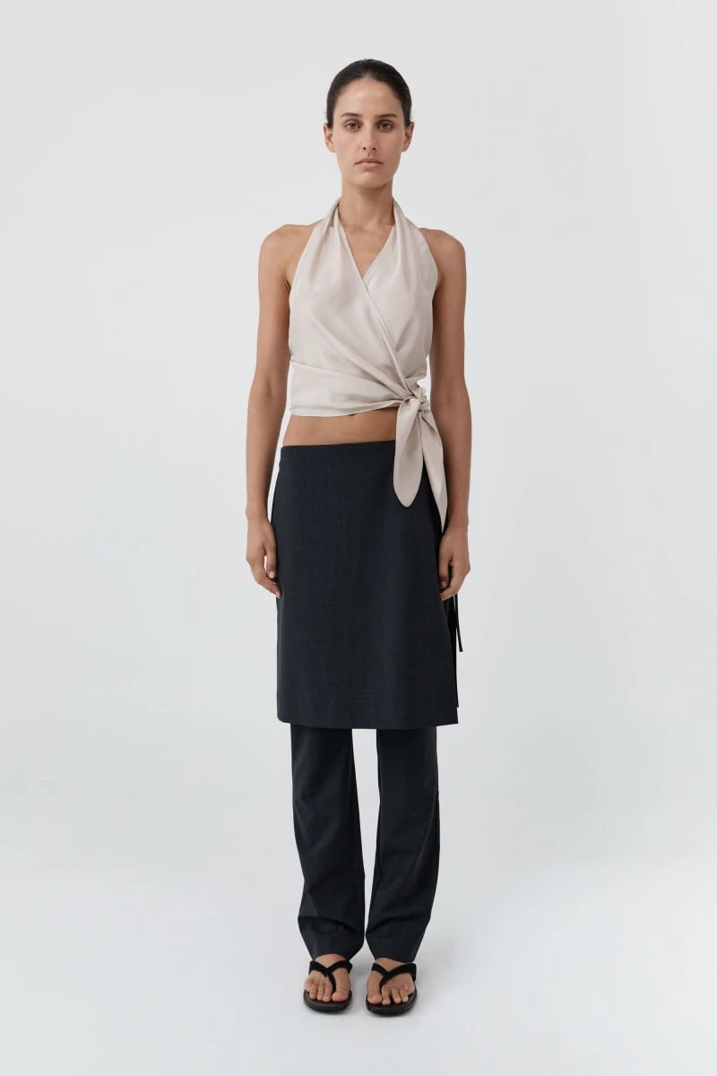 Image of Silk Halter Wrap Top - Soft Ash