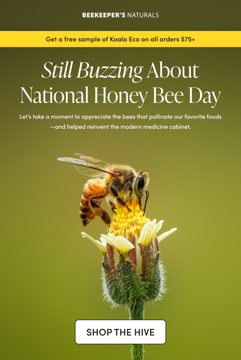BANNER get a free sample of koala eco on all orders $75+ It’s National Honey Bee Day Let’s take a moment to appreciate the bees that pollinate our favorite foods—and helped reinvent the modern medicine cabinet.    