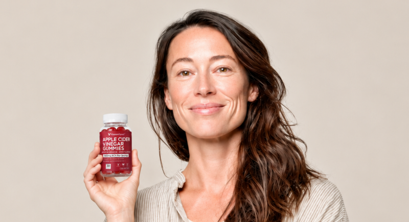 Vitamin Planet Apple Cider Vinegar Gummies bottle beside fresh apples, with the heading: What does apple cider vinegar actually do? From metabolism, energy and digestion to its long-standing place in weight-management routines.