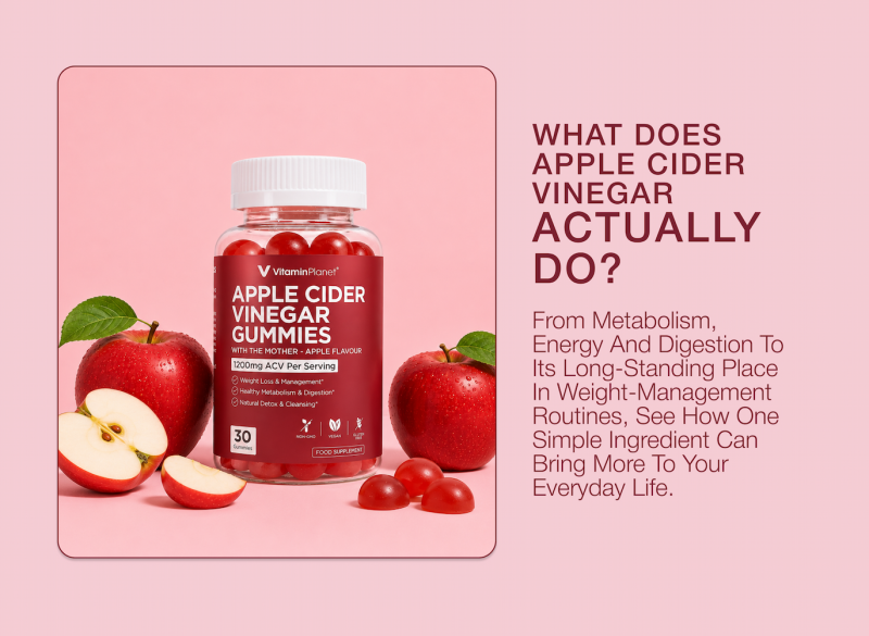 Apple Cider Vinegar isn't just vinegar: three photos illustrating blood sugar testing, weight management on a scale, and digestive support with a woman drinking water.