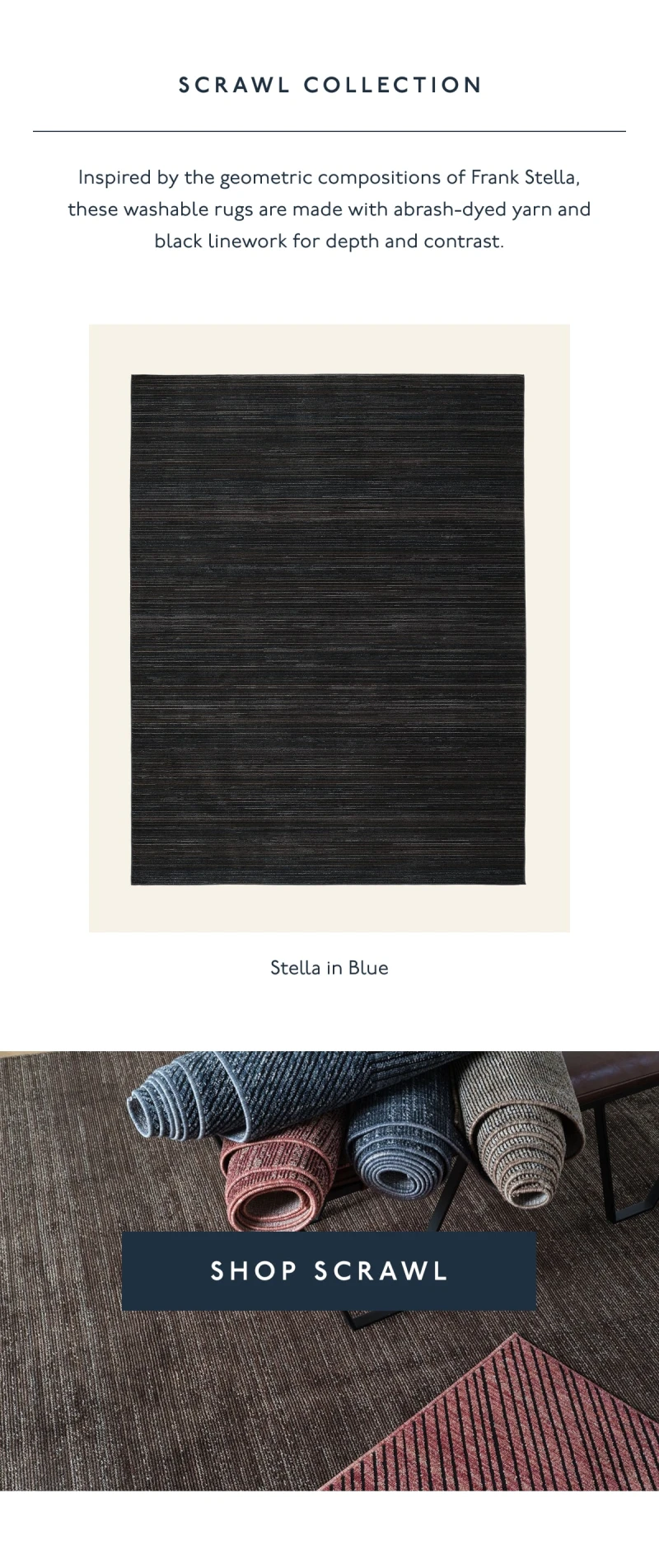 SCRAWL COLLECTION | Inspired by the geometric compositions of Frank Stella, these washable rugs are made with abrash-dyed yarn and black linework for depth and contrast. | Stella in Blue | [ SHOP SCRAWL ]