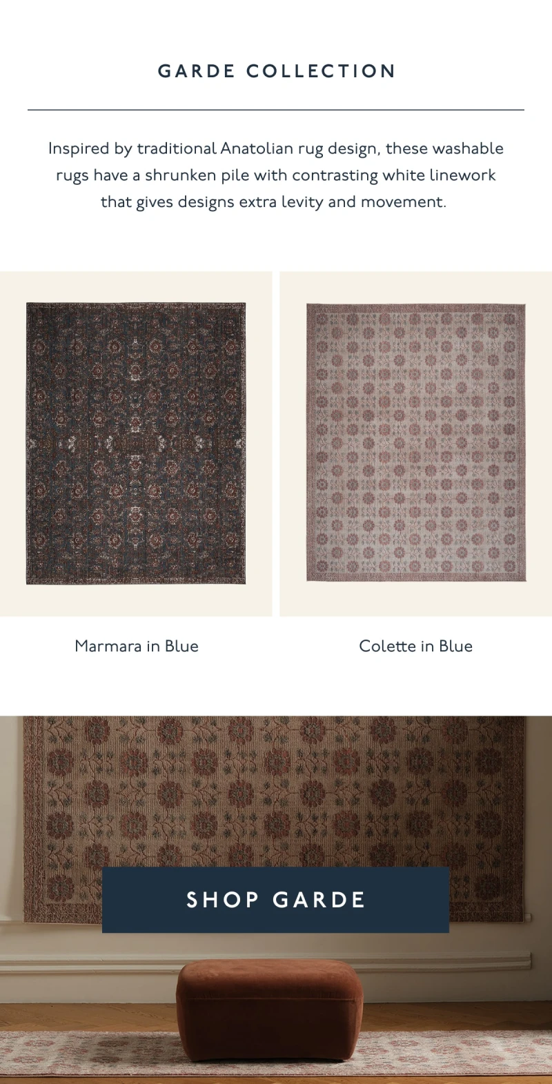 GARDE COLLECITON | Inspired by traditional Anatolian rug design, these washable rugs have a shrunken pile with contrasting white linework that gives designs extra levity and movement. | Marmara in Blue | Colette in Blue | [ SHOP GARDE ]
