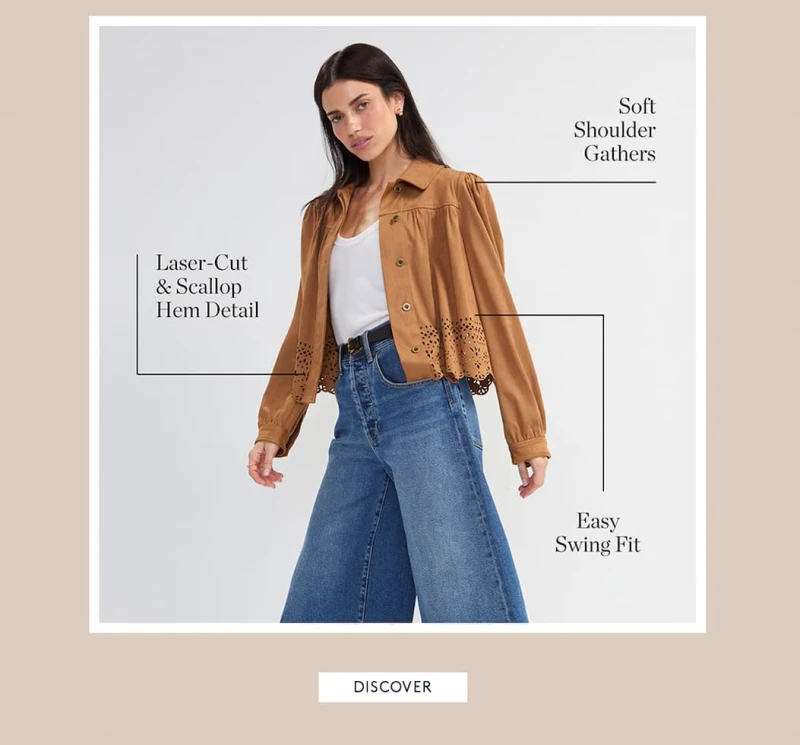 CUT IT OUT! THE STATEMENT LAYER. Soft suede, laser-cut detail and a subtle puff sleeve turn an easy layer into something worth talking about. 