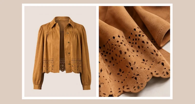 CUT IT OUT! THE STATEMENT LAYER. Soft suede, laser-cut detail and a subtle puff sleeve turn an easy layer into something worth talking about. 