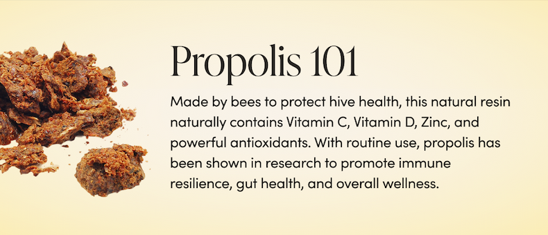 Propolis 101     Made by bees to protect hive health, this natural resin naturally contains Vitamin C, Vitamin D, Zinc, and powerful antioxidants. With routine use, propolis has been shown in research to promote immune resilience, gut health✝, and overall wellness. 