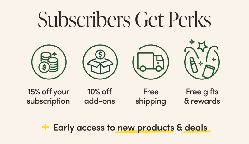 Subscribers Get Perks 🐝 15% off all subscription items 🐝 10% off everything else (as add-ons)  🐝 Free shipping, always  🐝 Free gifts & discounts with our Punch Card Rewards 🐝 Early access to new products & deals 