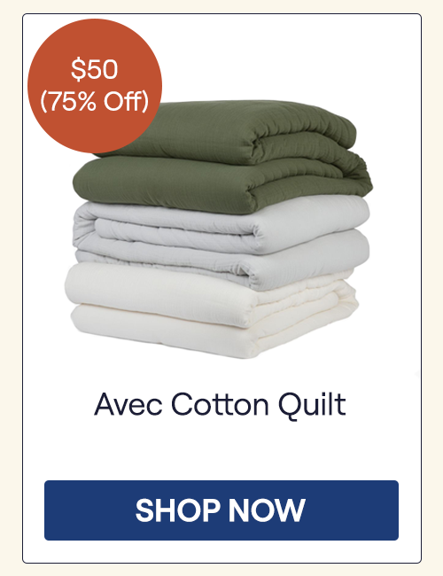 A stack of the Cotton Quilts in Moss, Mist, and Pearl