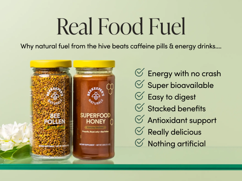 Real Food Fuel   Bee pollen & raw honey are way better than caffeine pills & drink powders….   ⚡ Energy with no crash ⚡ Super bioavailable   ⚡ Easy to digest  ⚡ Stacked benefits  ⚡ Antioxidant support  ⚡ Really delicious    ⚡ Nothing artificial 