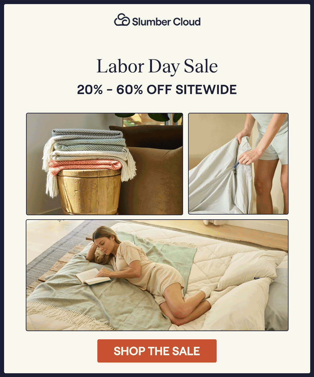 Various images highlighting Slumber Cloud products including, Plush Throw Blankets, Performance TENCEL™ Sheets, UltraCool Pillows, Avec Sheets, and more
