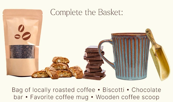 Complete your Coffee Shop Boo Basket with bag of local coffee, biscotti, chocolate, coffee mug, and spoon