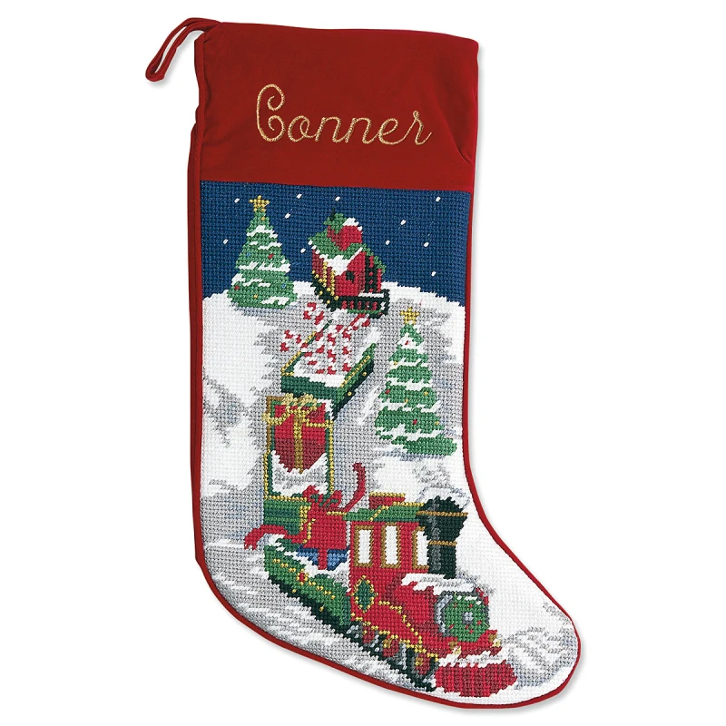 Image of Train Heirloom Needlepoint Personalized Christmas Stocking