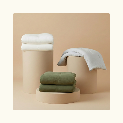 Pearl, Mist, and Moss Cotton Quilts sitting on Pillars