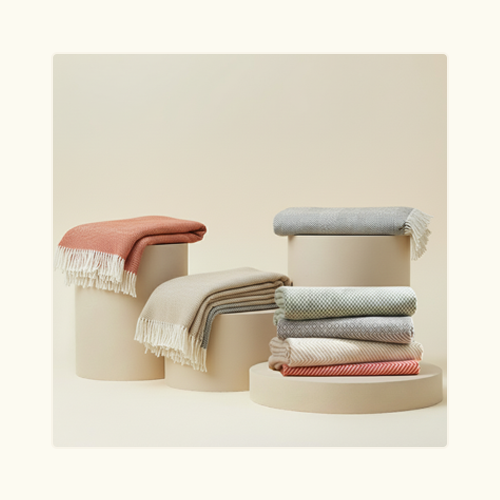 Woven Throws in Storm, Almond, Juniper, and Brick folded sitting on pillars