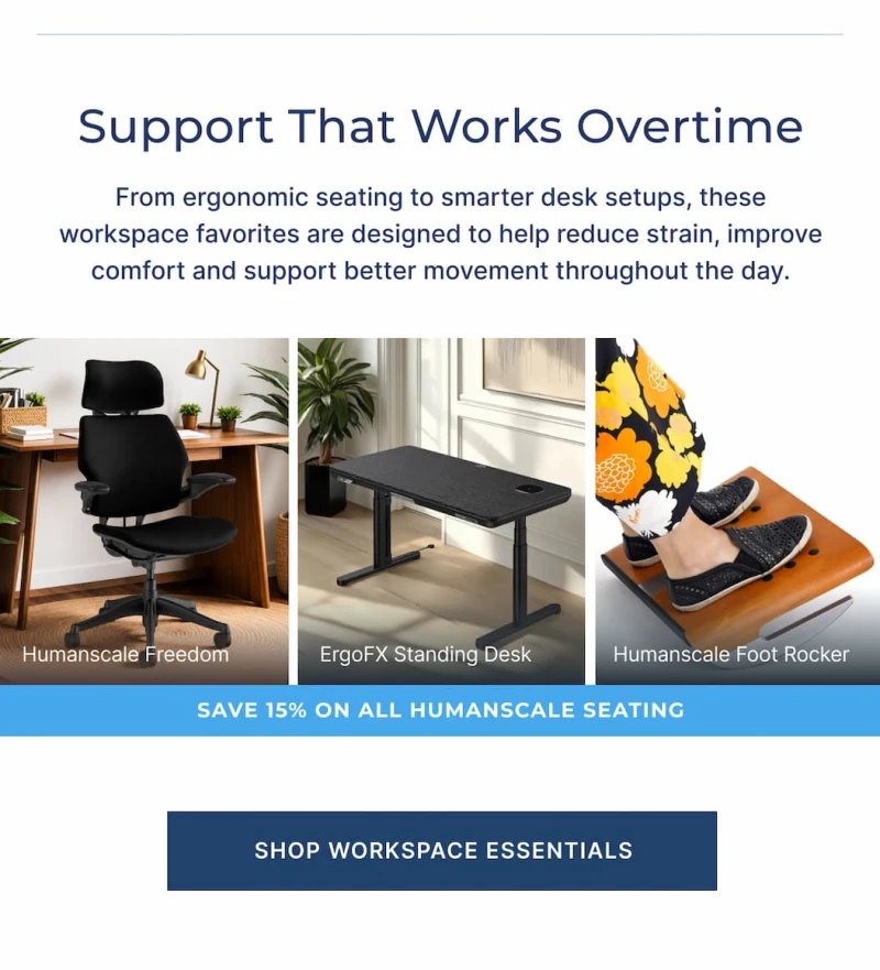 shop workspace essentials like ergonomic seating and standing desks