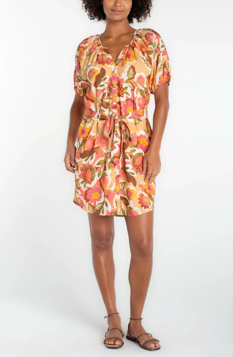 Image of PETITE SHORT SLEEVE SHIRRED BUTTON FRONT WOVEN DRESS