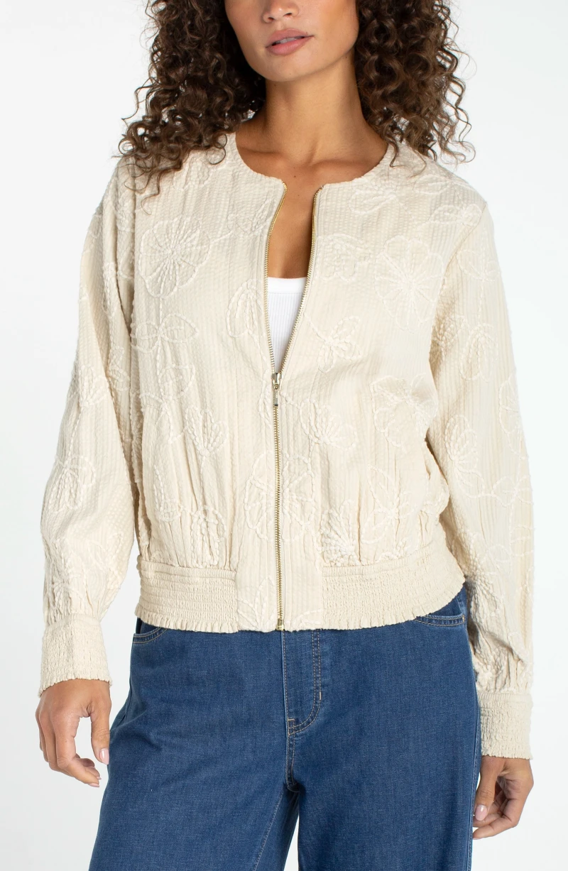 Image of COLLARLESS JACKET WITH SMOCKING