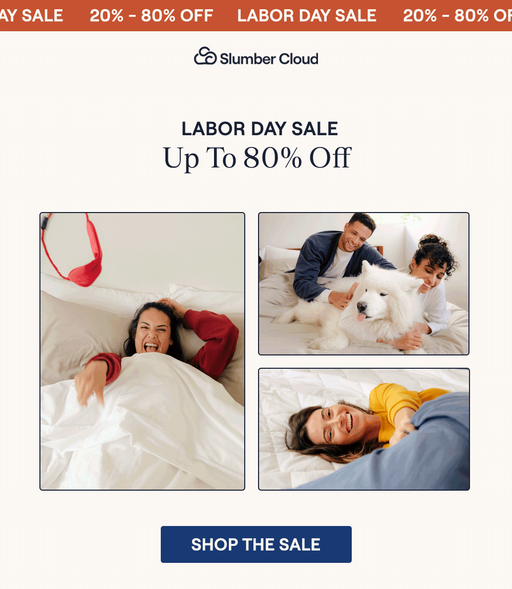 A woman slinging a silk eye mask while laying in bed, a woman holding a pillow on a bed with the Performance Lightweight Comforter, and a couple laying in bed with their white fluffy dog