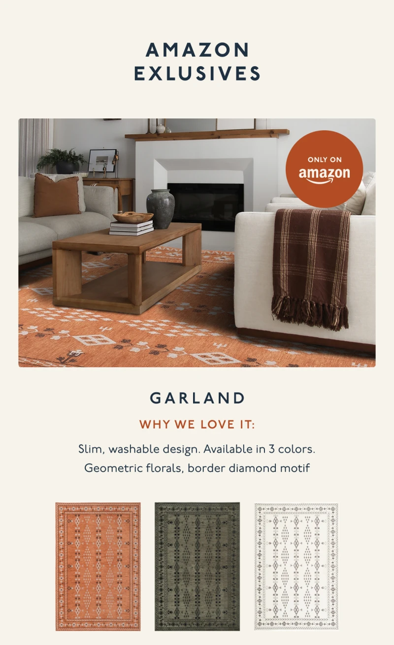 AMAZON EXCLUSIVES | Garland | WHY WE LOVE IT: Slim, washable design | Available in 3 colors | Geometric florals, border diamond motif
