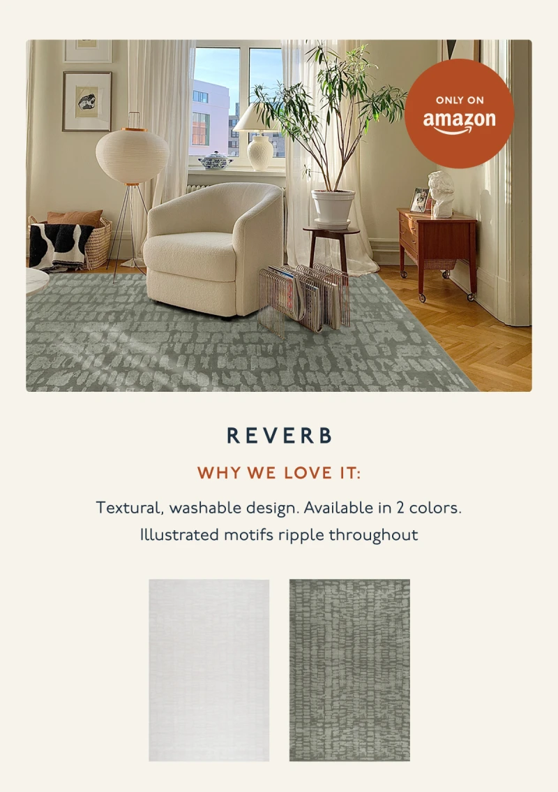 Reverb | WHY WE LOVE IT: Textural, washable design | Available in 2 colors | Illustrated motifs ripple throughout