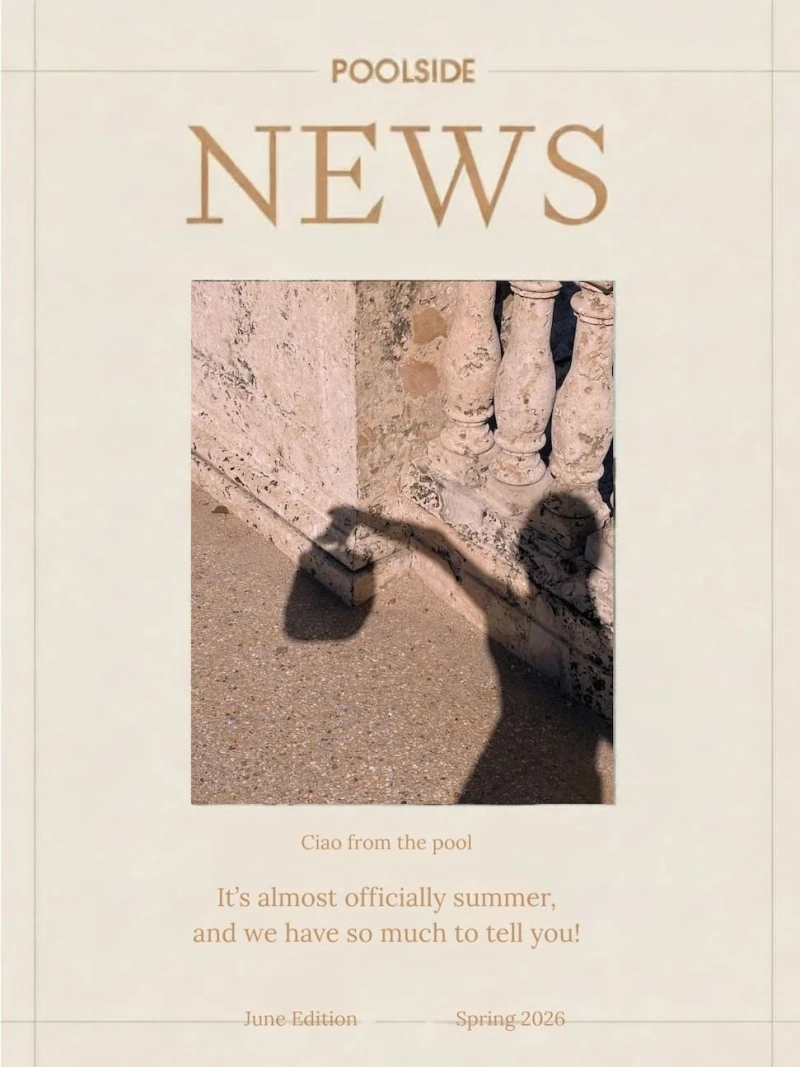 Magazine cover for "Poolside News" with a close-up of braided hair and text about summer.