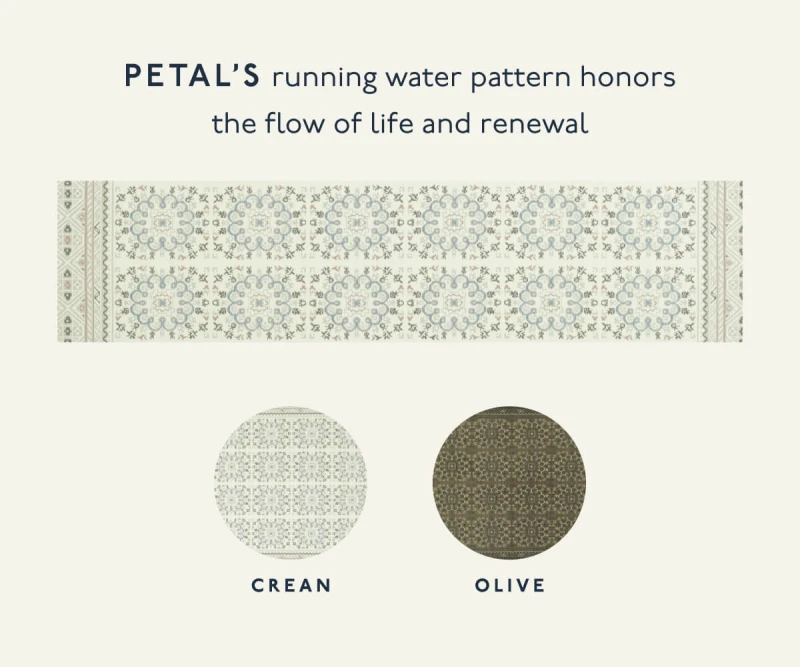Petal’s running water pattern honors the flow of life and renewal | Crean | Olive