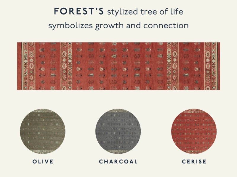 Forest’s stylized tree of life symbolizes growth and connection | Olive | Charcoal | Cerise